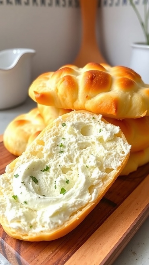 Fluffy cloud bread on a wooden board with cream cheese and herbs.
